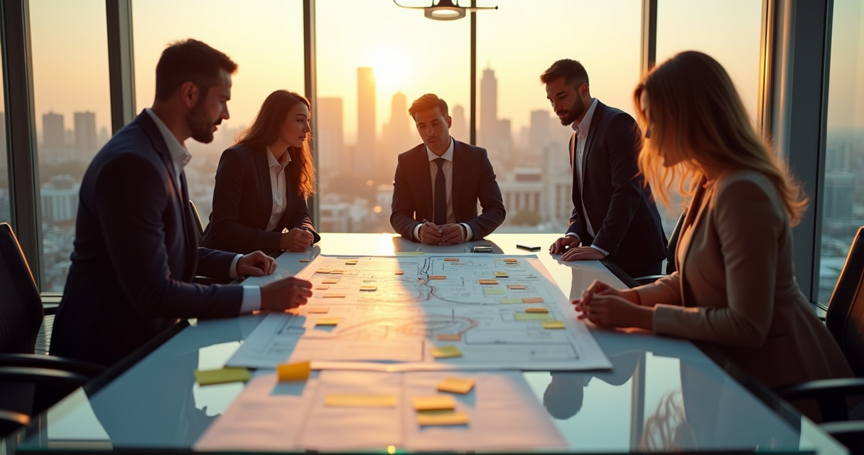 Business executives reviewing an AI project roadmap in a modern glass-walled boardroom during golden hour