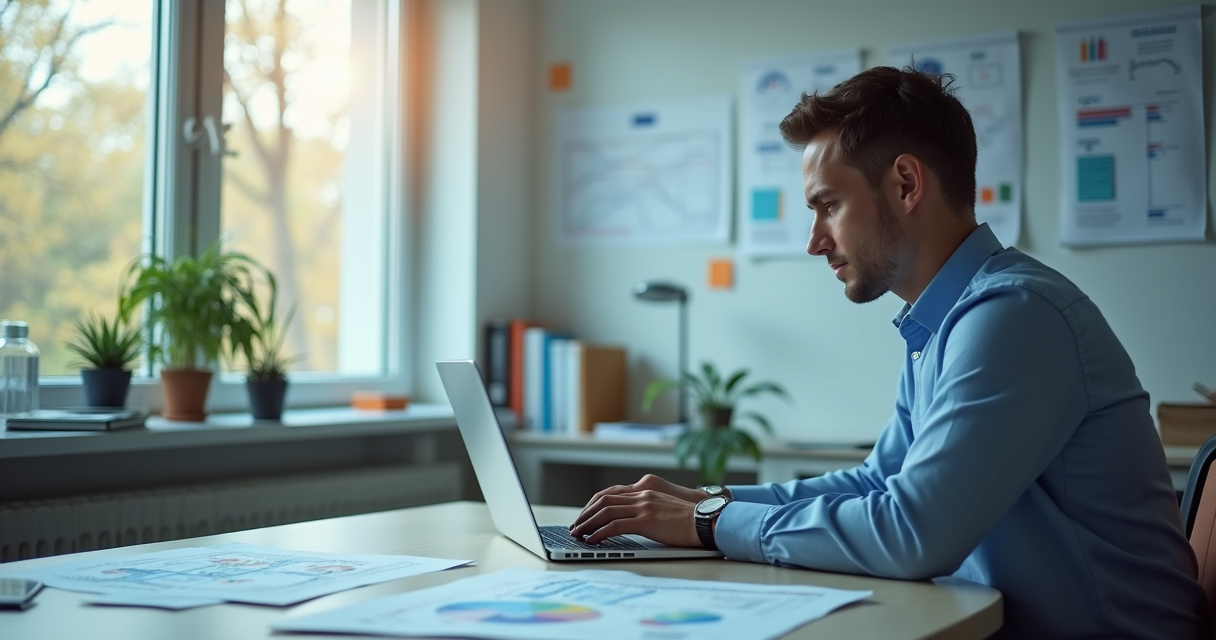 A solo entrepreneur reviewing automation workflows on a laptop in a modern office, symbolizing the shift from manual busywork to a scalable AI agency