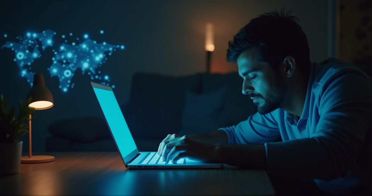 A glowing digital network of connected nodes representing an AI agent workflow overlaid on a nighttime home office desk