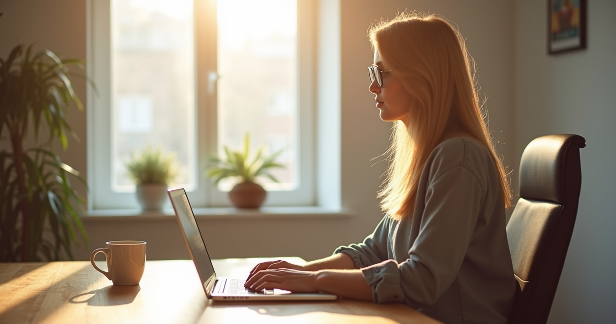 A business owner reviewing AI-drafted email replies on a laptop in a bright home office