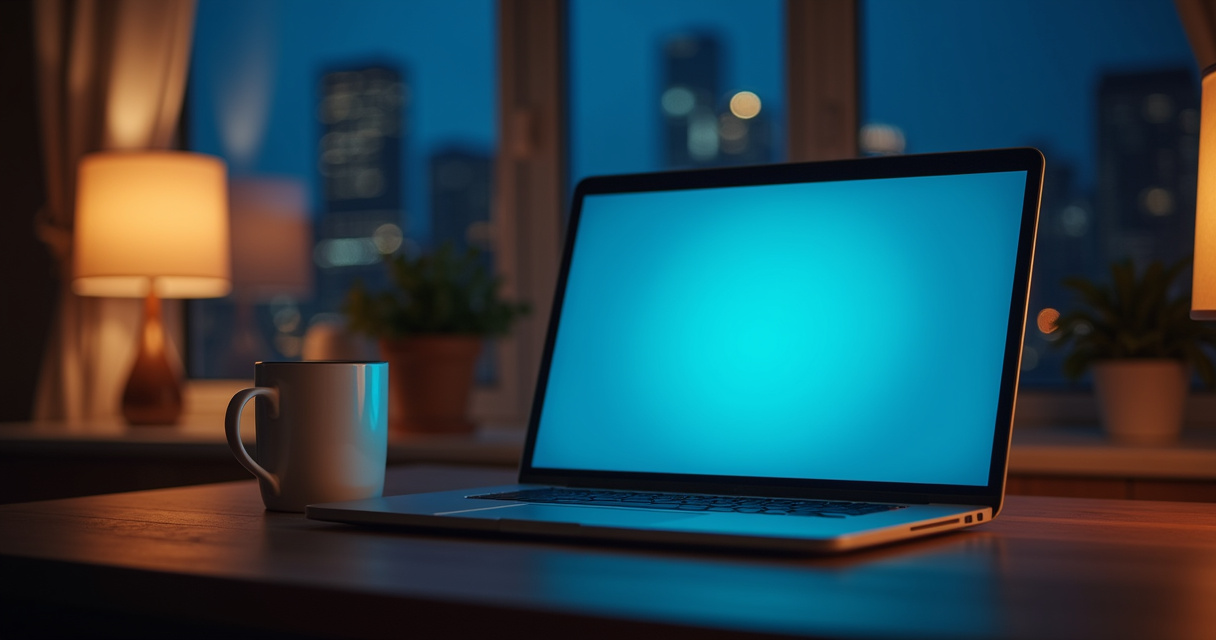 A glowing laptop screen showing a chat conversation bubble on a desk at night with city lights in the background