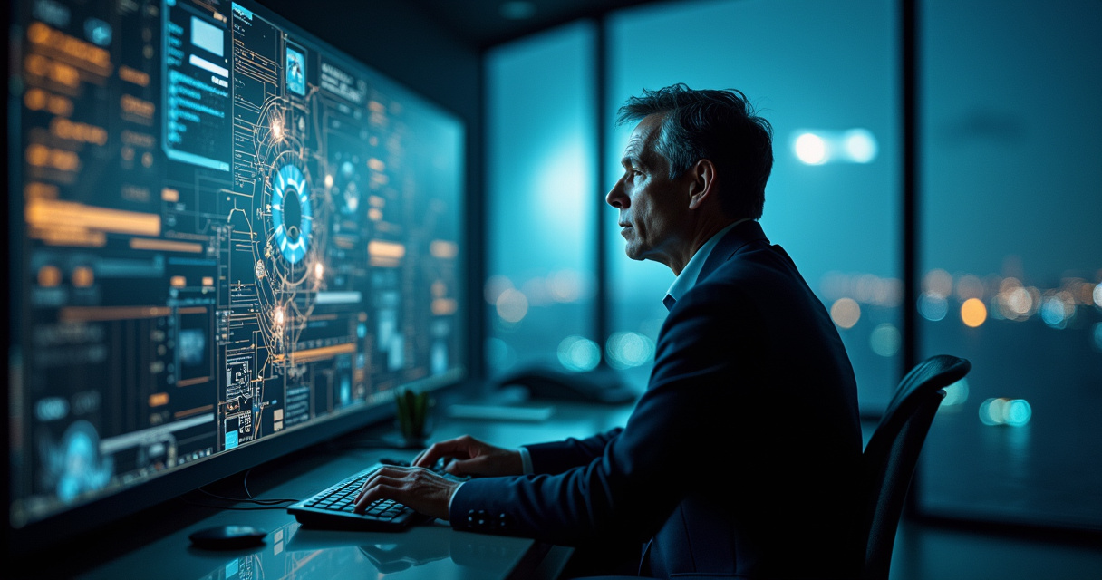 Abstract editorial photo of interconnected gears and light trails symbolizing orchestrated enterprise workflows