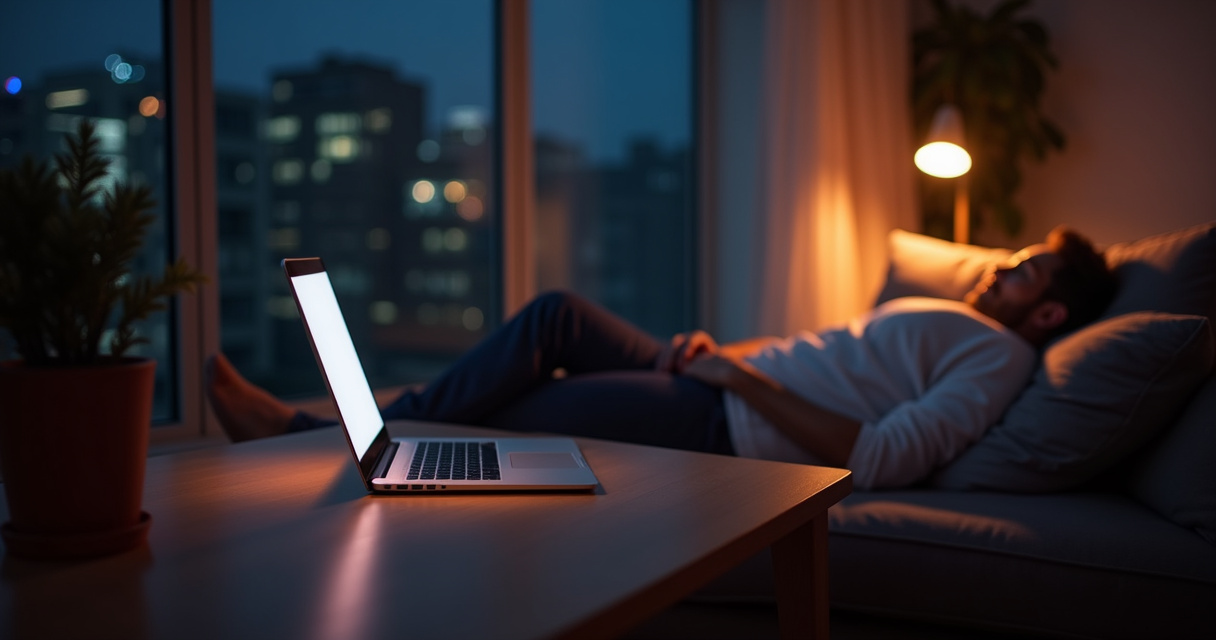 A calm business owner watching an automated customer service dashboard handle multiple conversations at night
