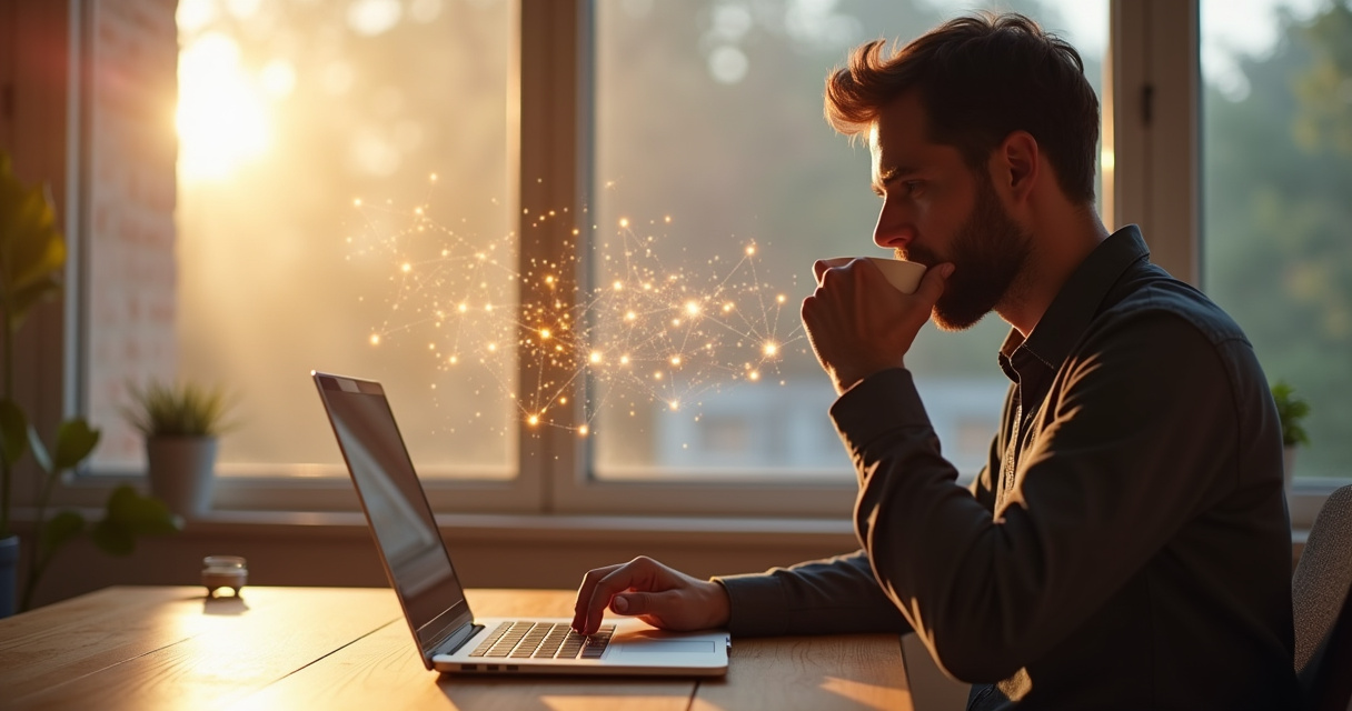 A solo entrepreneur working calmly at a desk while a glowing digital network of automated email icons flows around a laptop screen
