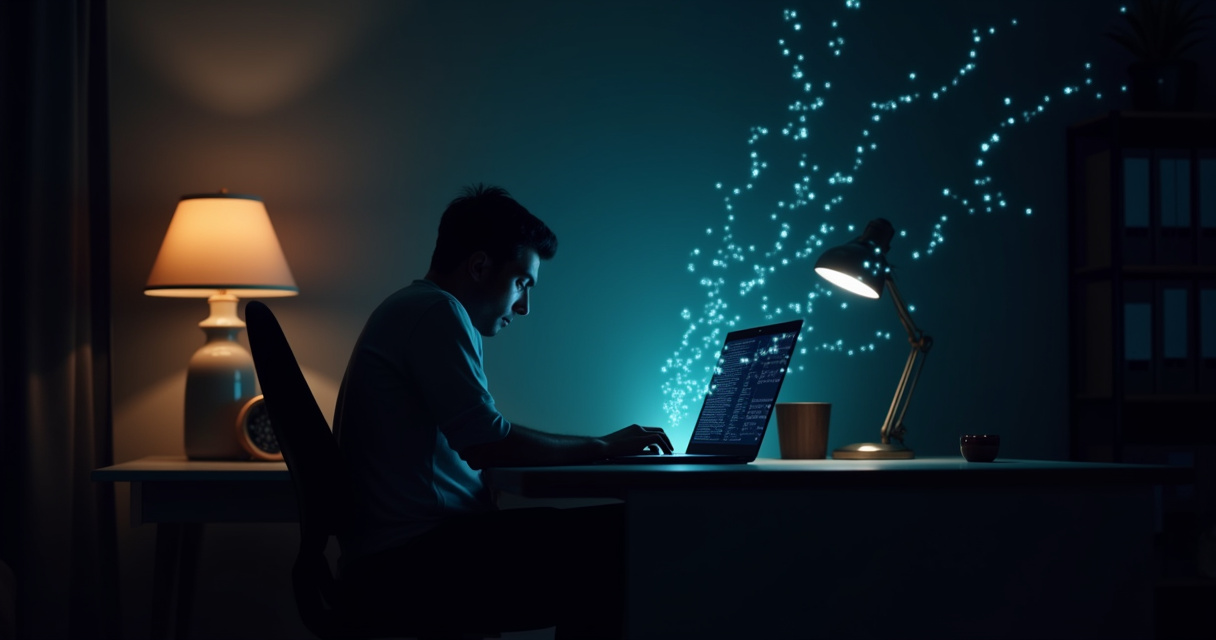 A glowing digital interface at night representing an AI system automatically qualifying website leads while a business owner sleeps